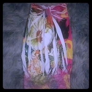 Colorful strapless dress.